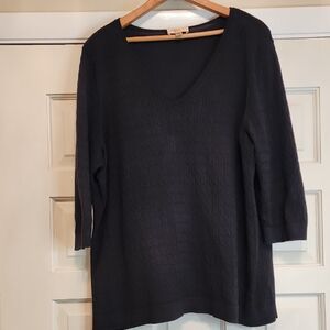 MOTTO Essentials V-Neck Textured Cable Knit Sweater Black 3/4 Sleeves Plain Back